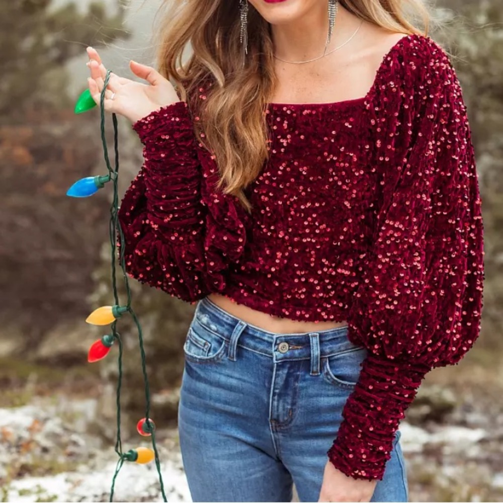 SOLD 
Burgundy Sequin Puff Sleeve Top 💥 Excellent Condition